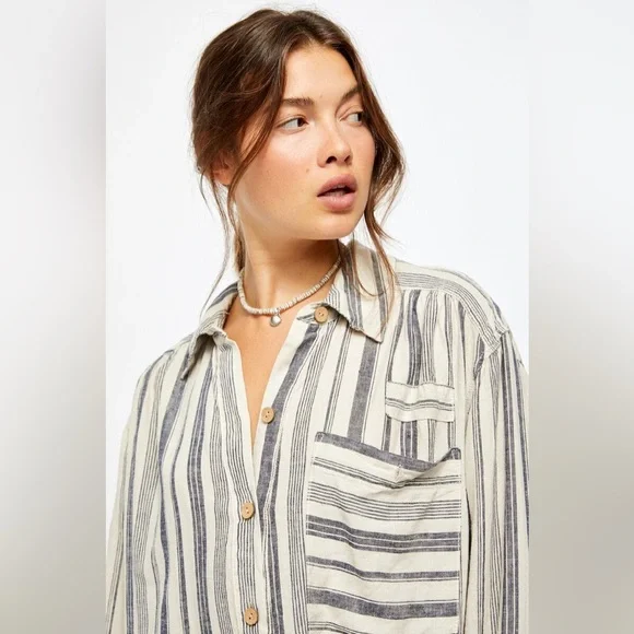 Free People boho Striped Popover Summer Breeze Shirt Long Sleeve medium - Picture 4 of 12